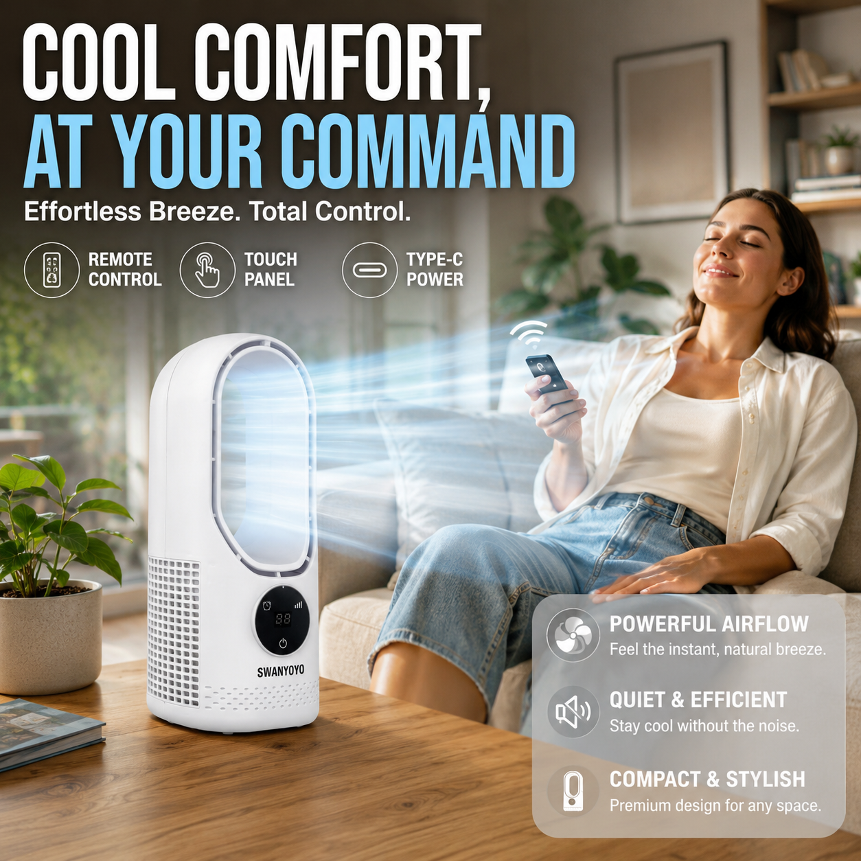 Portable Air Conditioning Fan, USB Tower Fan, Desktop Bladeless Fan - With Remote Control, Touch Screen, Water Mist Cooling, Seven-color LED Ambient Light, Timer And Intelligent Shutdown - Perfect For Offices, Travel, Camping And Home Necessities