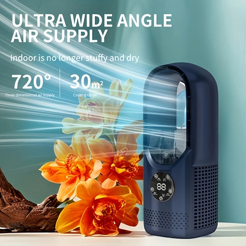 Bladeless fan with humidifier, USB-powered desktop fan, 6-speed silent personal fan suitable for offices, homes and bedrooms