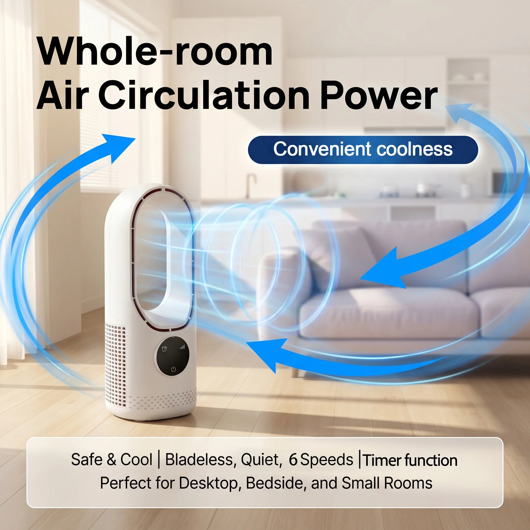 Desktop bladeless fan with six-speed wind adjustment, intelligent timing function, remote control, and quiet strong wind.