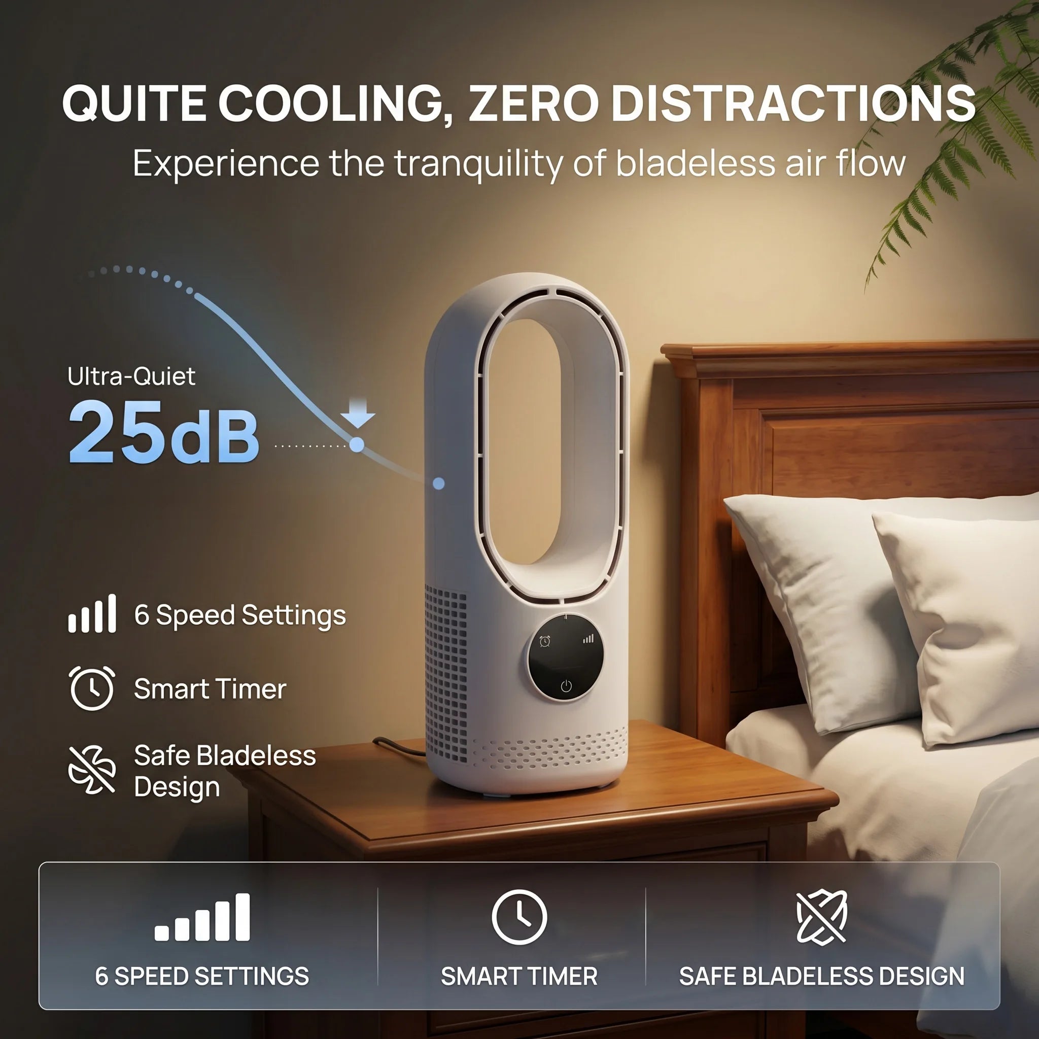 Desktop bladeless fan with six-speed wind adjustment, intelligent timing function, remote control, and quiet strong wind.