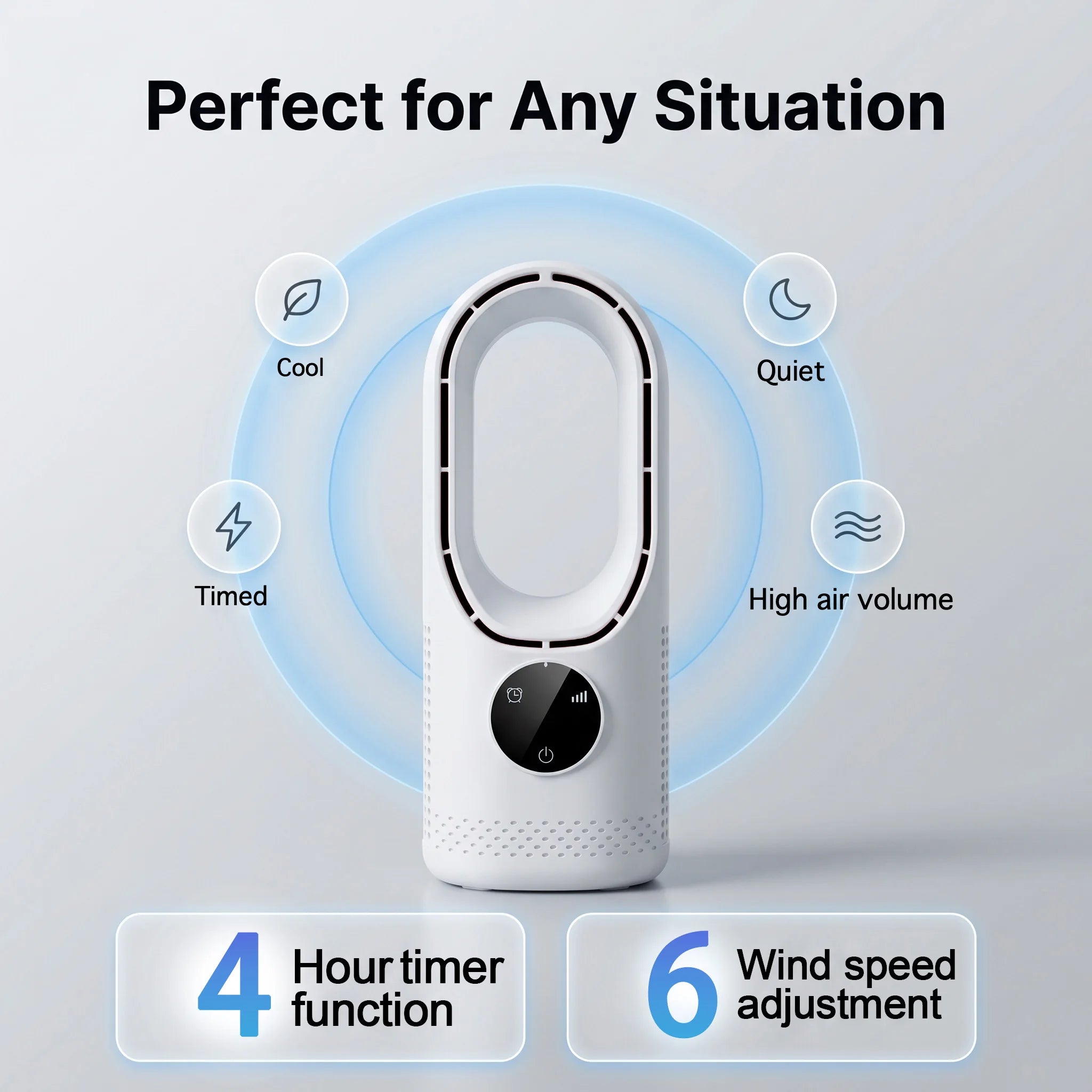 Desktop bladeless fan with six-speed wind adjustment, intelligent timing function, remote control, and quiet strong wind.
