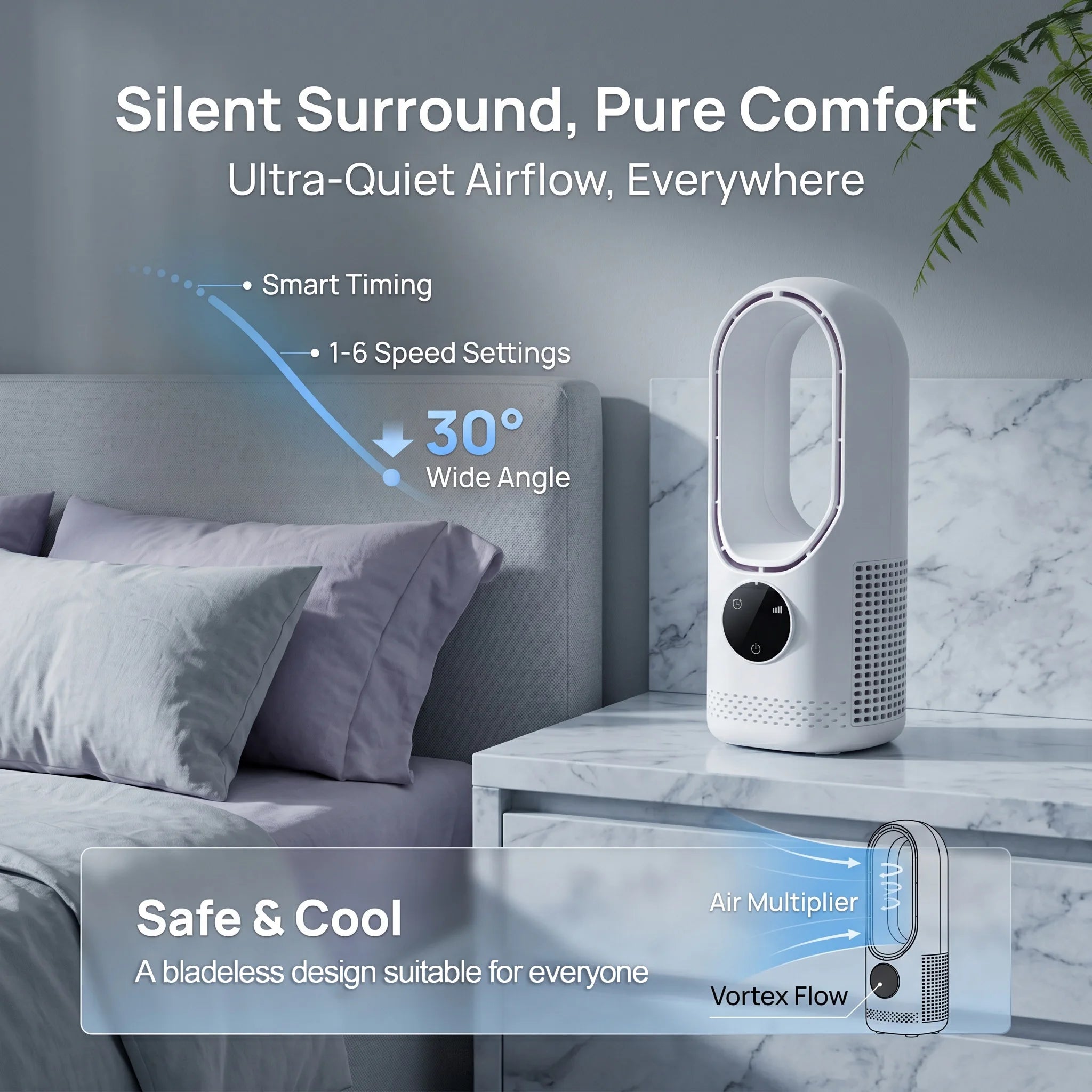 Desktop bladeless fan with six-speed wind adjustment, intelligent timing function, remote control, and quiet strong wind.
