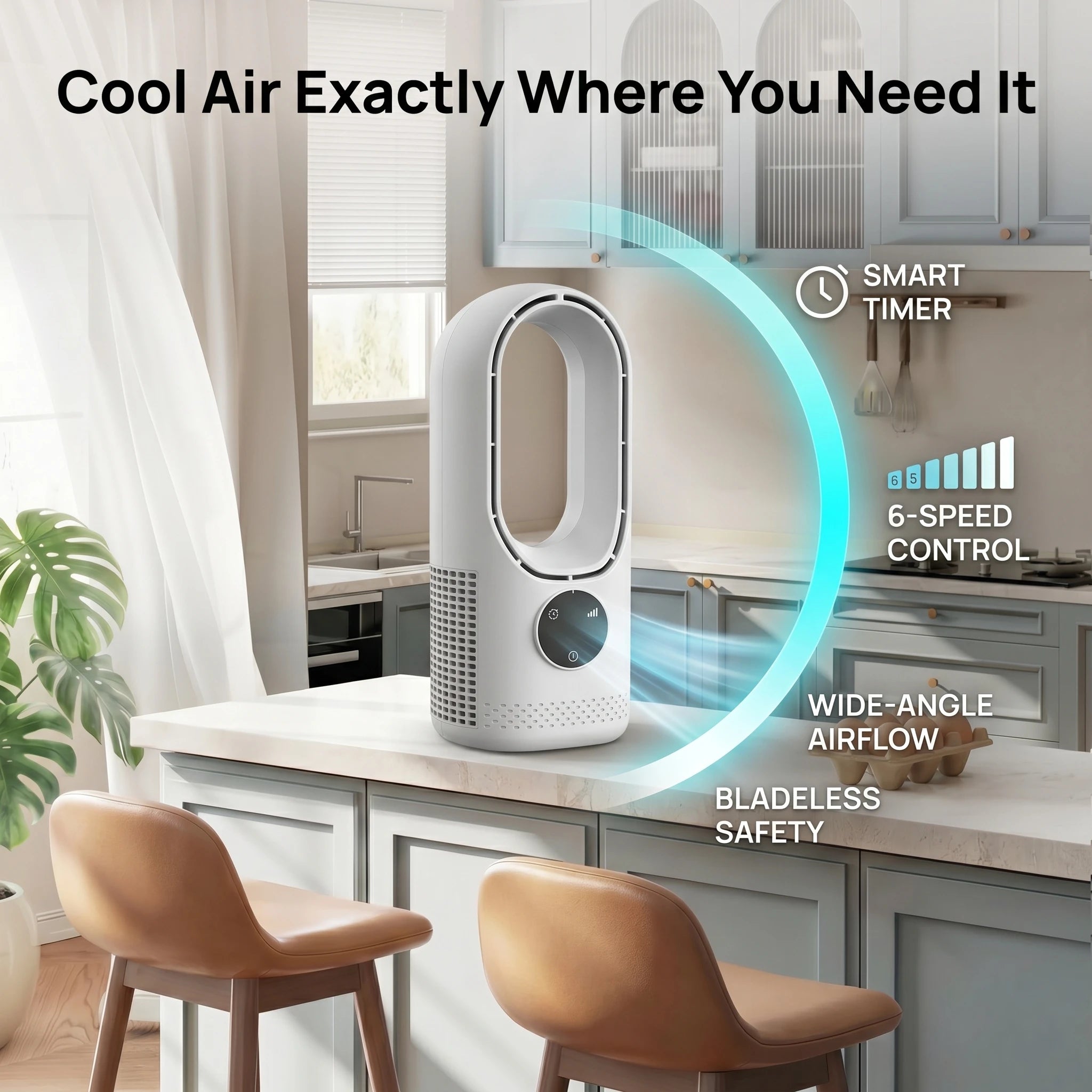 Desktop bladeless fan with six-speed wind adjustment, intelligent timing function, remote control, and quiet strong wind.